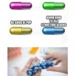 What would you choose? | LEARN REDSTONE; ENCHANTS LESS EXPENSIVE; KNOW HOW TO USE STRUCTURE BLOCKS; BE GOOD AT PVP; ME | image tagged in blank pills meme | made w/ Imgflip meme maker