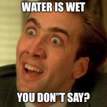 Nicolas cage | WATER IS WET; YOU DON”T SAY? | image tagged in nicolas cage | made w/ Imgflip meme maker