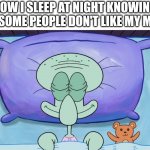 Sleep tight | HOW I SLEEP AT NIGHT KNOWING THAT SOME PEOPLE DON'T LIKE MY MEMES | image tagged in squidward sleeping | made w/ Imgflip meme maker
