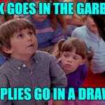 Junk Goes in the Garbage | JUNK GOES IN THE GARBAGE; SUPPLIES GO IN A DRAWER | image tagged in kindergarten cop kid,junk,garbage,funny memes,junk drawer,movies | made w/ Imgflip meme maker