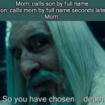 Never go for the full name | Mom: calls son by full name
Son: calls mom by full name seconds later
Mom: | image tagged in so you have chosen death | made w/ Imgflip meme maker