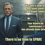 Code Name GINGER | We have a delicate operation James.
Code Name: GINGER. Your American counterpart
has already been briefed. There is no time to SPARE | image tagged in james bond,operation,usa,no time to spare,save him from himself,fun | made w/ Imgflip meme maker