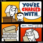 an actual law | WEIRD; HOLDING SALMON UNDER SUSPICIOUS CIRCUMSTANCES | image tagged in your charged with | made w/ Imgflip meme maker