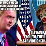 Woodchucks are not in my wheelhouse | KARINE, HOW MUCH WOOD COULD A WOODCHUCK CHUCK IF A WOODCHUCK COULD CHUCK WOOD? I’LL HAVE TO REFER YOU TO THE US FORESTRY SERVICE ON THAT ONE, PETER | image tagged in peter doocy vs kjp 1 | made w/ Imgflip meme maker