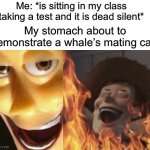 Why must you hurt me in this way | Me: *is sitting in my class taking a test and it is dead silent*; My stomach about to demonstrate a whale’s mating call: | image tagged in satanic woody no spacing,memes,funny,school,relatable memes,true story | made w/ Imgflip meme maker