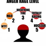 Anger rage level choice | ANGER RAGE LEVEL; BREATHING
FIRE; TOTALLY
RAGING; MAD; NUCLEAR; WTF! | image tagged in anger rage level,angry,rage,scale,level | made w/ Imgflip meme maker