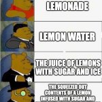 Tuxedo Winnie the Pooh 4 panel | LEMONADE LEMON WATER THE JUICE OF LEMONS WITH SUGAR AND ICE THE SQUEEZED OUT CONTENTS OF A LEMON INFUSED WITH SUGAR AND TYPICALLY CONSUMED W | image tagged in tuxedo winnie the pooh 4 panel | made w/ Imgflip meme maker