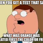 Family Guy Peter | WHEN YOU GET A TEST THAT SAYS; WHAT WAS ORANGE WAS CREATED FIRST THE COLOR OR FRUIT | image tagged in memes,family guy peter | made w/ Imgflip meme maker