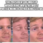It's just a vegetable | THE PRESIDENT OF IMGFLIP WONDERING WHY THE MOST UPVOTED MEME IS A FRICKING LETTUCE: | image tagged in memes,funny,funny memes,meme,dank memes,imgflip | made w/ Imgflip meme maker