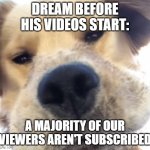 Doggo bruh | DREAM BEFORE HIS VIDEOS START:; A MAJORITY OF OUR VIEWERS AREN'T SUBSCRIBED | image tagged in doggo bruh,minecraft,dream | made w/ Imgflip meme maker