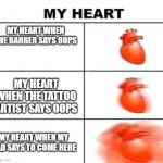 Joshua scarle made this | MY HEART WHEN THE BARBER SAYS OOPS; MY HEART WHEN THE TATTOO ARTIST SAYS OOPS; MY HEART WHEN MY DAD SAYS TO COME HERE | image tagged in heart rate | made w/ Imgflip meme maker