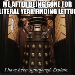 WHAT THE F*CK HAPPENED WHEN I WAS GONE!? | ME AFTER BEING GONE FOR A LITERAL YEAR FINDING LETTUCE | image tagged in i have been summoned | made w/ Imgflip meme maker