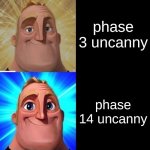 uncanny is scariest, canny is best | phase 35 uncanny phase 30 uncanny phase 31 uncanny phase 22 uncany phase 18 uncanny phase 9 Uncanny phase 2  neutral (this phase) phase 7 ca | image tagged in mr incredible from trollge to god | made w/ Imgflip meme maker