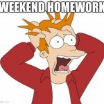 Fry Freaking Out | WEEKEND HOMEWORK | image tagged in fry freaking out | made w/ Imgflip meme maker