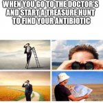 Antibiotic shortage | WHEN YOU GO TO THE DOCTOR'S 
AND START A TREASURE HUNT 
TO FIND YOUR ANTIBIOTIC | image tagged in looking for something | made w/ Imgflip meme maker
