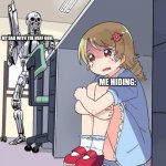 This is him every time he gets a new one | MY DAD WITH THE NERF GUN:; ME HIDING: | image tagged in random skeleton with gun,nerf | made w/ Imgflip meme maker