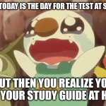 I only made this because this has happened to me before | WHEN TODAY IS THE DAY FOR THE TEST AT SCHOOL; BUT THEN YOU REALIZE YOU LEFT YOUR STUDY GUIDE AT HOME | image tagged in funny pokemon,school | made w/ Imgflip meme maker