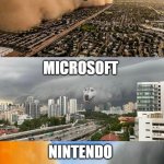 THE BIG CONSOLE FIGHT | SONY; MICROSOFT; NINTENDO | image tagged in dust doge storms and mikey caught in the middle,funny,memes,console wars,consoles | made w/ Imgflip meme maker