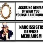 projection: accusing others of what you yourself are doing is a narcissistic defense mechanism | ACCUSING OTHERS
OF WHAT YOU 
YOURSELF ARE DOING... NARCISSISTIC
DEFENSE MECHANISM | image tagged in social media selfie,malignant narcissism,narcissist,projection,narcissism,darvo | made w/ Imgflip meme maker