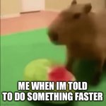 Capybara eating Watermelon | ME WHEN IM TOLD TO DO SOMETHING FASTER | image tagged in gifs,capybara | made w/ Imgflip video-to-gif maker