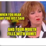 What A Joy | WHEN YOU HEAR WHAT YOU JUST SAID; AND YOUR MOUTH FILLS WITH VOMIT | image tagged in joys mouthful,vomit,despicable,the view,ugly woman,sickness | made w/ Imgflip meme maker