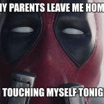 Deadpool - I'm touching myself tonight | WHEN MY PARENTS LEAVE ME HOME ALONE; IM TOUCHING MYSELF TONIGHT | image tagged in deadpool - i'm touching myself tonight | made w/ Imgflip meme maker