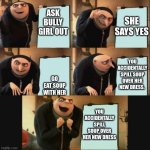 Gru makes a plan (happy ending) | SHE SAYS YES; ASK BULLY GIRL OUT; YOU ACCIDENTALLY SPILL SOUP OVER HER NEW DRESS. GO EAT SOUP WITH HER; YOU ACCIDENTALLY SPILL SOUP OVER HER NEW DRESS | image tagged in gru makes a plan happy ending | made w/ Imgflip meme maker