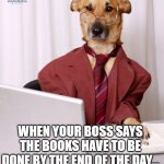 Dog Bookkeeper | WHEN YOUR BOSS SAYS THE BOOKS HAVE TO BE DONE BY THE END OF THE DAY… | image tagged in dog accountant | made w/ Imgflip meme maker