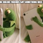 kermit hugs phone | WHEN YOU'RE ONLINE FRIENDS SAY SOMETHING NICE ABOUT YOU | image tagged in kermit hugging phone | made w/ Imgflip meme maker