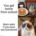 This meme really isn't as bad as my others, I even made a new template for it lol | You get home from school; Mom asks if you have any homework | image tagged in happy cat sad cat,memes,funny | made w/ Imgflip meme maker