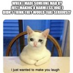 insert title | WHEN I MADE SOMEONE MAD BY JUST MAKING A HARMLESS JOKE I DIDN'T THINK THEY WOULD TAKE SERIOUSLY | image tagged in i just wanted to make you laugh | made w/ Imgflip meme maker