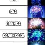 Memes i got from meh toaster 7890 | CAN CNA CANNCA CANANCACA CANACACACACACACACACACAACCACACACACACCANCNACNCANC | image tagged in expanding brain 5 panel | made w/ Imgflip meme maker