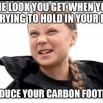 Greta thunberg be like | THE LOOK YOU GET WHEN YOU ARE TRYING TO HOLD IN YOUR FARTS; TO REDUCE YOUR CARBON FOOTPRINT | image tagged in greta thunberg pushing | made w/ Imgflip meme maker