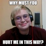 Why Must you Hurt me in this Way? | WHY MUST YOU; HURT ME IN THIS WAY? | image tagged in why must you hurt me in this way | made w/ Imgflip meme maker