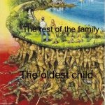 Only oldest children understand | The rest of the family; The oldest child | image tagged in soldiers hold up society,oldest children | made w/ Imgflip meme maker