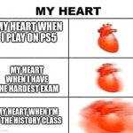 My heart be like: | MY HEART WHEN I PLAY ON PS5; MY HEART WHEN I HAVE THE HARDEST EXAM; MY HEART WHEN I'M IN THE HISTORY CLASS | image tagged in heart rate | made w/ Imgflip meme maker