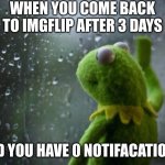 How did they forget... | WHEN YOU COME BACK TO IMGFLIP AFTER 3 DAYS; AND YOU HAVE 0 NOTIFACATIONS: | image tagged in sad kermit,imgflip,imgflip humor | made w/ Imgflip meme maker