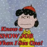 Flattery will get you Nowhere | I Know a; SNOW JOB; When I See One! | image tagged in lucy,flattery,snow job | made w/ Imgflip meme maker