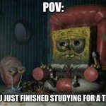 depressed spongebob | POV:; YOU JUST FINISHED STUDYING FOR A TEST | image tagged in depressed spongebob | made w/ Imgflip meme maker