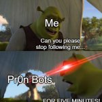Shrek For Five Minutes | Can you please stop following me... ...FOR FIVE MINUTES! Me Pr0n Bots | image tagged in shrek for five minutes | made w/ Imgflip meme maker