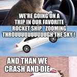 cat car | RRRRRREEEEEEEEOOOOOOOWWWWWW!!!!!!!!!!!!!!!!! WE'RE GOING ON A TRIP IN OUR FAVORITE ROCKET SHIP.   ZOOMING THROUUUUUUUUUUGH THE SKY ! AND THAN WE CRASH AND DIE | image tagged in cat car | made w/ Imgflip meme maker
