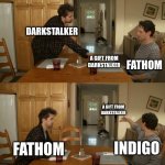 Plate toss | DARKSTALKER; FATHOM; A GIFT FROM DARKSTALKER; A GIFT FROM DARKSTALKER; FATHOM; INDIGO | image tagged in plate toss | made w/ Imgflip meme maker