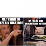 Woman Argues With Cat | ME TRYING TO EXPLAIN FNAF LORE; MY FRIEND WHO UNDERSTANDS NOTHING | image tagged in woman argues with cat | made w/ Imgflip meme maker