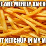 French Fries | THESE ARE MERELY AN EXCUSE; TO PUT KETCHUP IN MY MOUTH | image tagged in french fries | made w/ Imgflip meme maker