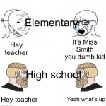 Elementary vs High school | Elementary; It’s Miss Smith you dumb kid; Hey teacher; High school; Yeah what’s up; Hey teacher | image tagged in two soyboys and two chads | made w/ Imgflip meme maker
