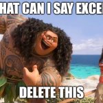 delete | WHAT CAN I SAY EXCEPT; DELETE THIS | image tagged in moana maui you're welcome | made w/ Imgflip meme maker