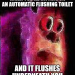 a nice refreshing spray to the underside... | WHEN YOU'RE SITTING ON AN AUTOMATIC FLUSHING TOILET; AND IT FLUSHES UNDERNEATH YOU | image tagged in sullivian got shocked,toilet humor,flush,funny | made w/ Imgflip meme maker