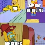 Homer revenge | ME; MY CAT BITING ME; ME BITING MY CAT; MY CAT | image tagged in homer revenge | made w/ Imgflip meme maker