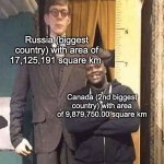 Russia is pretty close to 2x larger than Canada | Russia (biggest country) with area of 17,125,191 square km; Canada (2nd biggest country) with area of 9,879,750.00 square km | image tagged in shaquille and wadlow | made w/ Imgflip meme maker