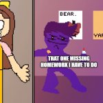school. -_- | ME THAT ONE MISSING HOMEWORK I HAVE TO DO | image tagged in girl hiding from purple guy,school | made w/ Imgflip meme maker